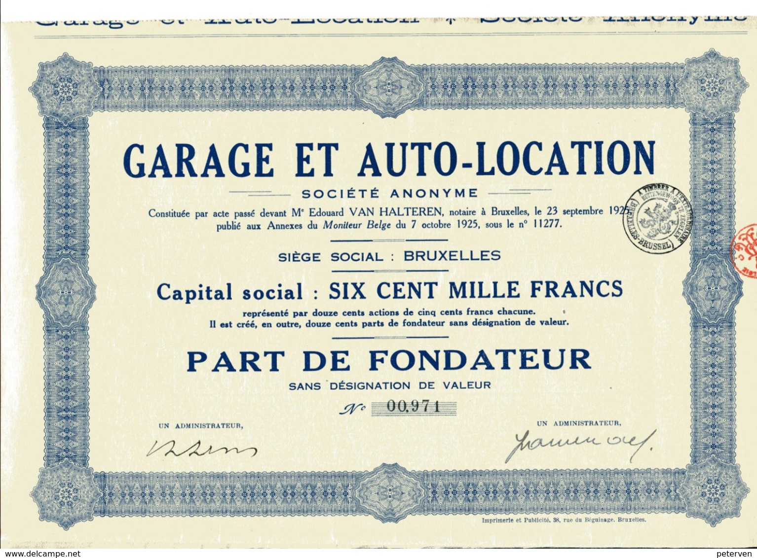 GARAGE Et AUTO-LOCATION; Part De Fondateur - Automobile