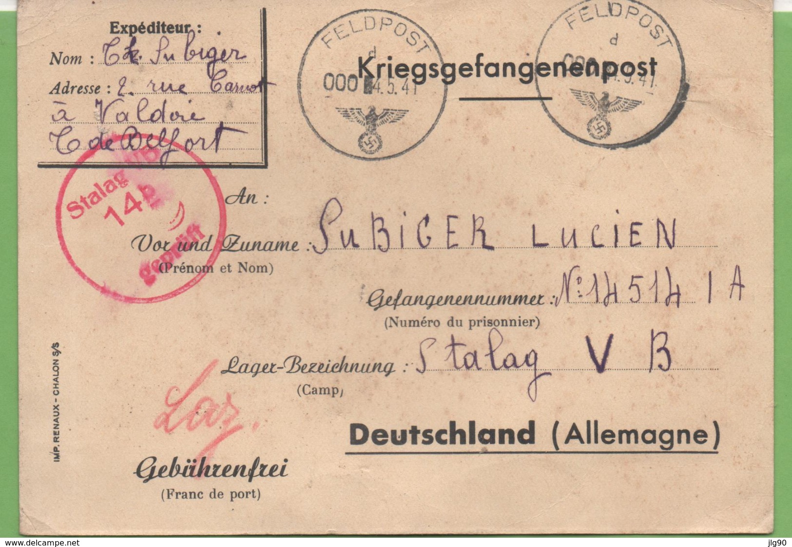 Carte Pour Prisonnier De Guerre De Valdoie à Stalag VB 4/05/41 - 1939-45