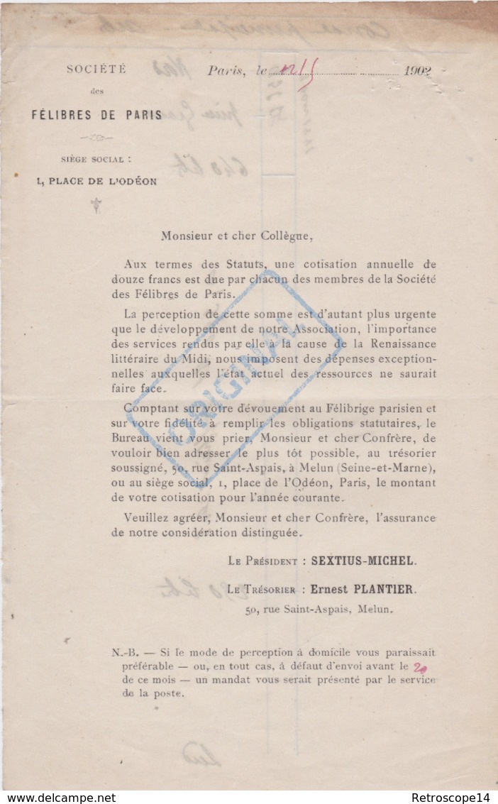 1902 SOCIÉTÉ DES FELIBRES DE PARIS. SEXTIUS MICHEL. ERNEST PLANTIER. Provencal, Occitan. - Historische Dokumente