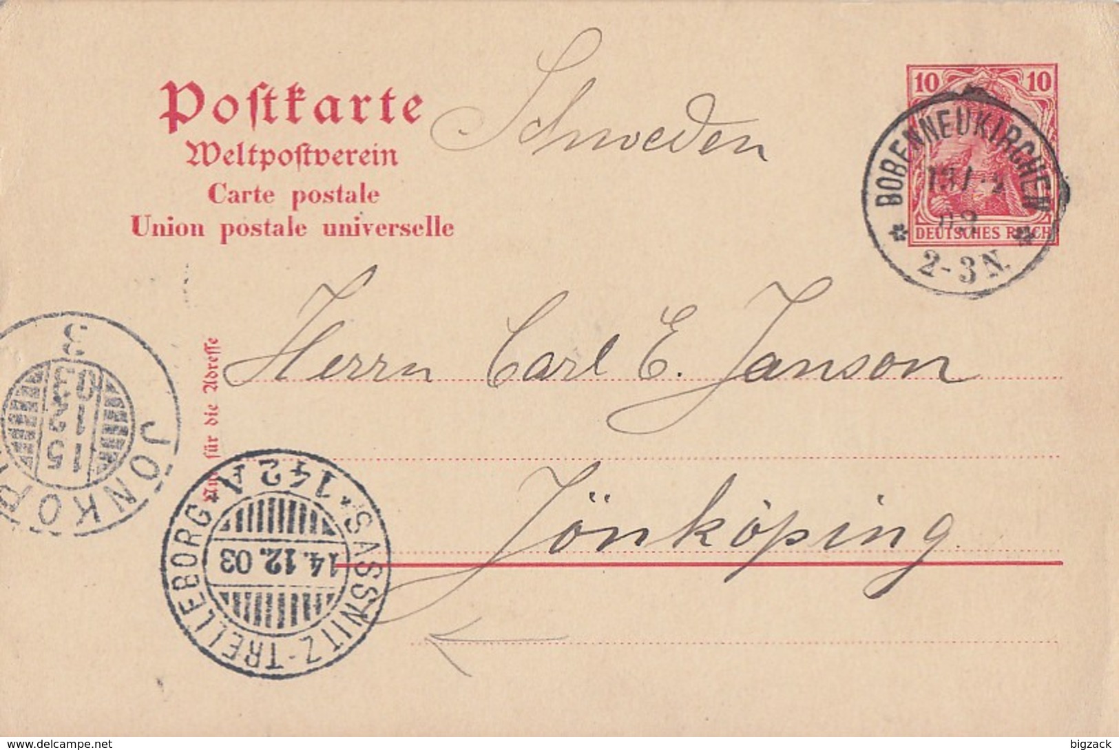 DR Ganzsache K1 Bobenneukirchen 13.12.03 Gel. Nach Schweden Mit Fährstempel Sassnitz-Trelleborg 14.12.03 - Covers & Documents