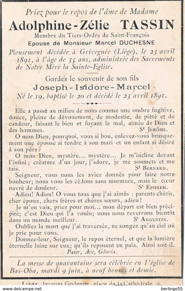 Souvenir: Tassin Adolphine -Zélie. Echtg. Duchesne. ° Grivegée (Liége) 1856 &dagger; Grivegnée 1891 (2 Scan's) - Religione & Esoterismo