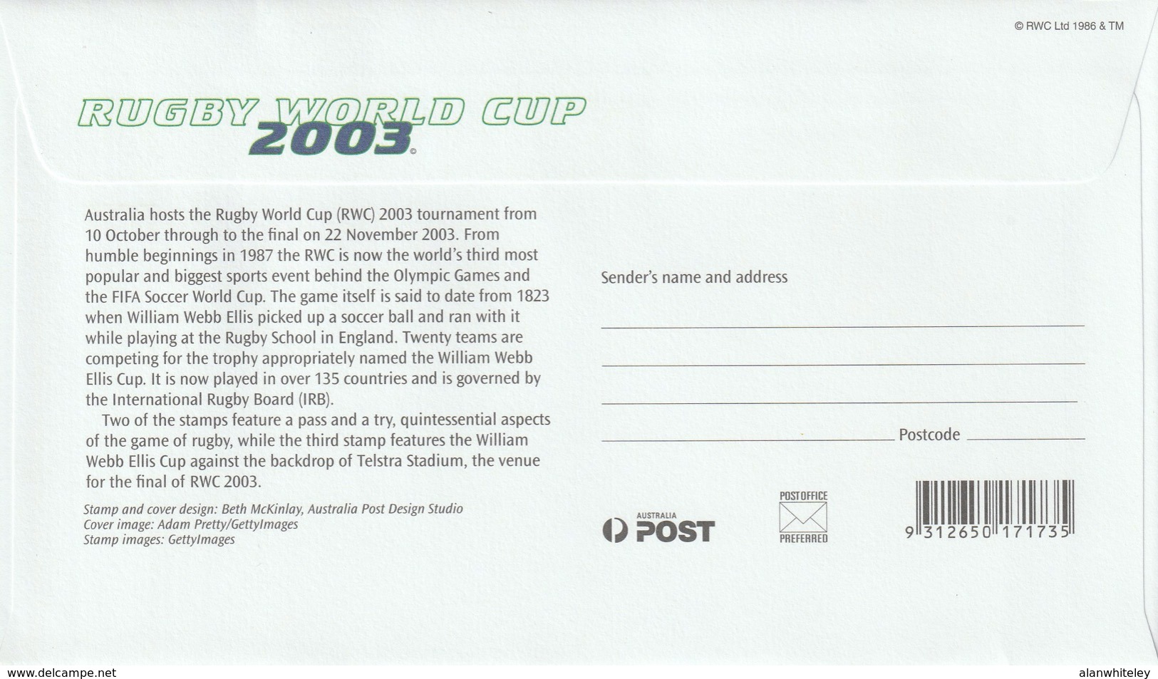 AUSTRALIA 2003 Rugby World Cup Championship: First Day Cover CANCELLED - Rugby