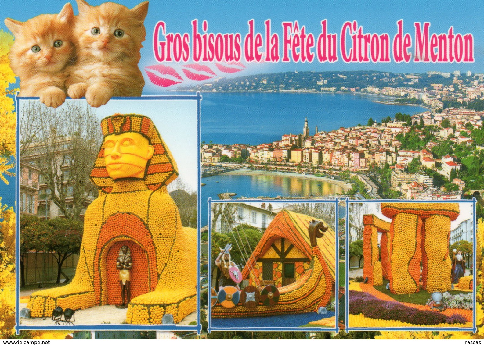 CPM - D  - ALPES MARITIMES - GROS BISOUS DE LA FETE DU CITRON DE MENTON - MULTIVUES - CHAT - SPHINX - DRAKKAR - Menton