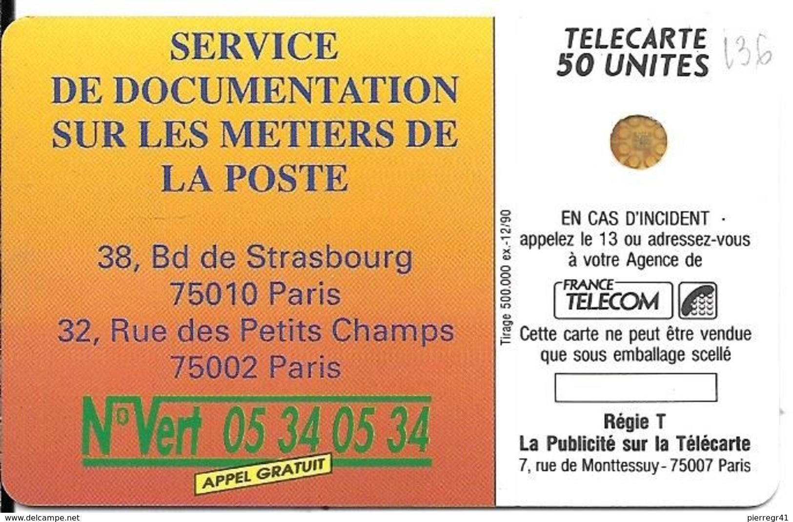 CARTE-PUBLIC-F-136-1990-50U-SC4ab-Trou 6-LA POSTE-Ile De France-5 Pe 21580-UTILISEE-  TBE- - 1990