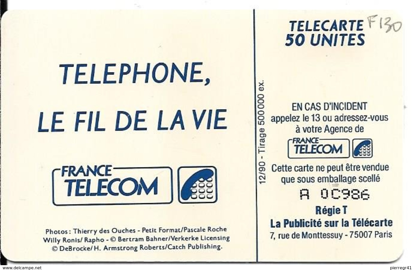 CARTE-PUBLIC-50U-F130-SO3-12/90-PHOTO-V°N° A 0C986-UTILISEE -TBE - 1990