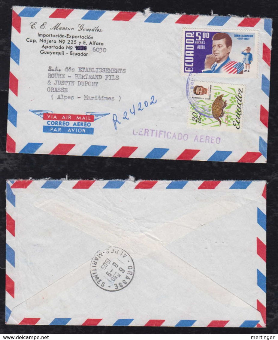 Ecuador 1965 Registered Airmail Cover KENNEDY Stamp Guayaquil To Grasse France - Ecuador