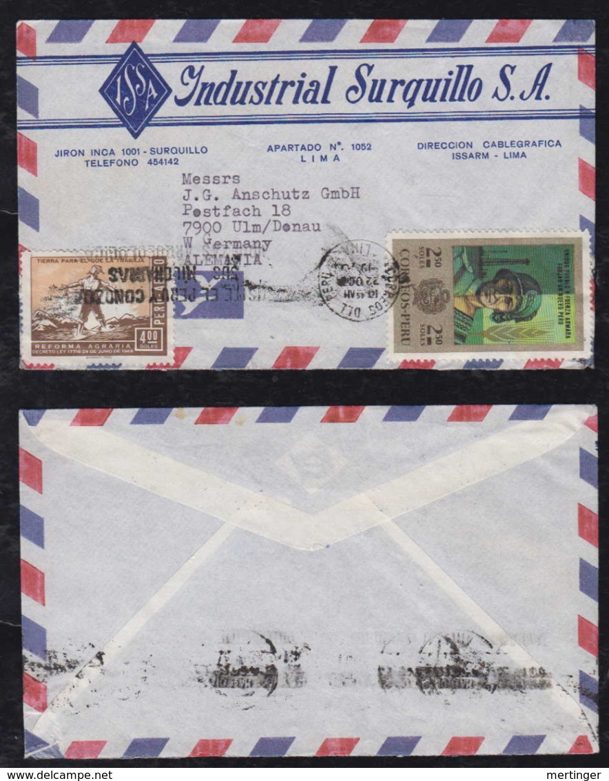 Peru 1970 Airmail Cover To ULM Germany Advertising - Perù