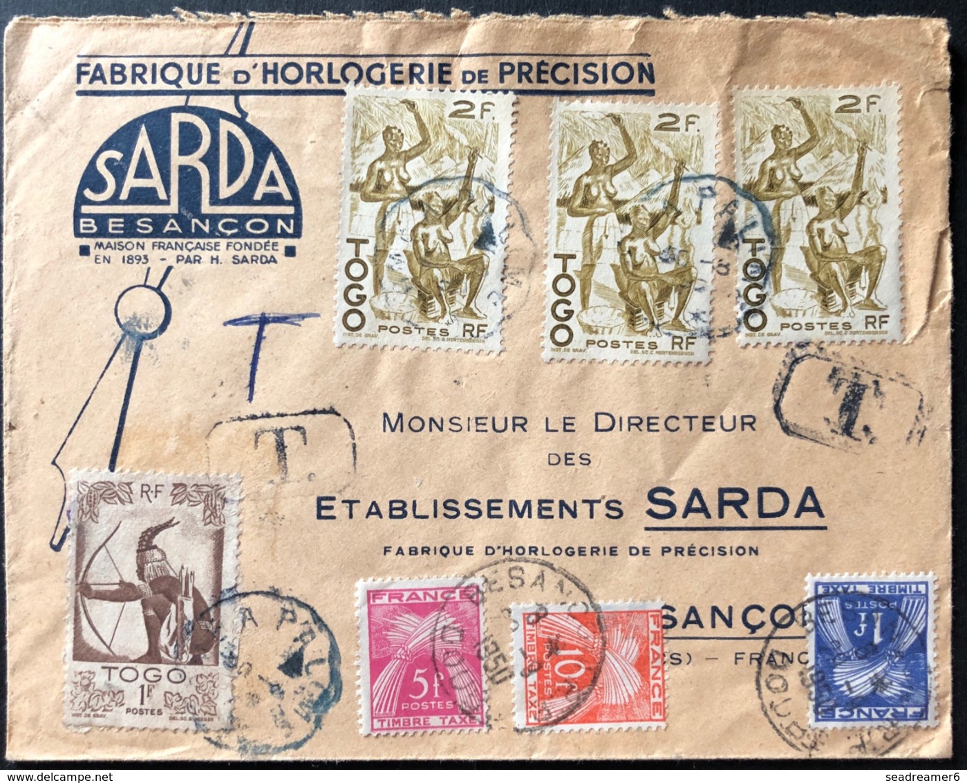 Lettre Du Togo Affranchie Insuffisament Et Taxée En Arrivée Avec Tricolore De Taxes Gerbes N°81,85 & 86 - Cartas & Documentos