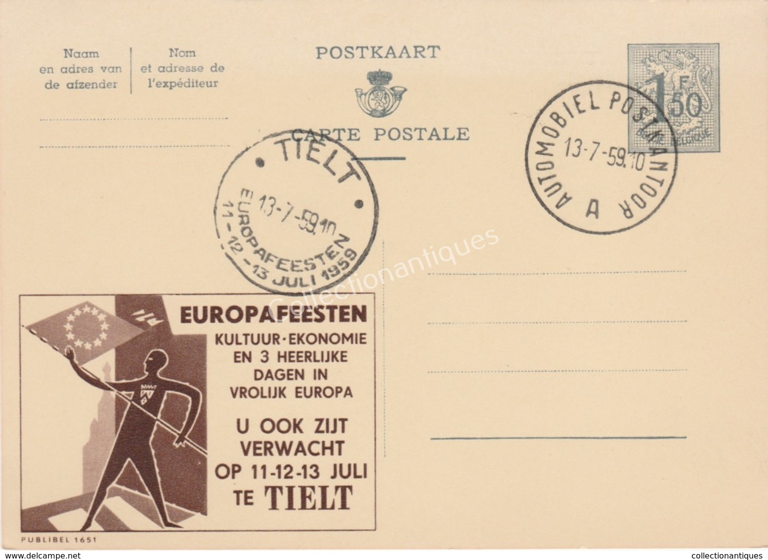 Entier Postal 1F50 Pub Europafeesten Tielt 1959 Cachet Automobiel Postkantoor - Publibels