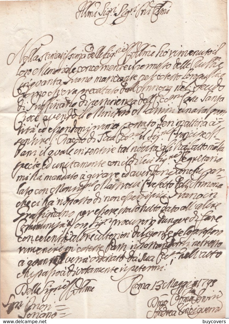 PRE425 - Lettera Con Testo Del 13 Maggio 1795 Da Roma A Soriano, In Franchigia. - 1. ...-1850 Prephilately