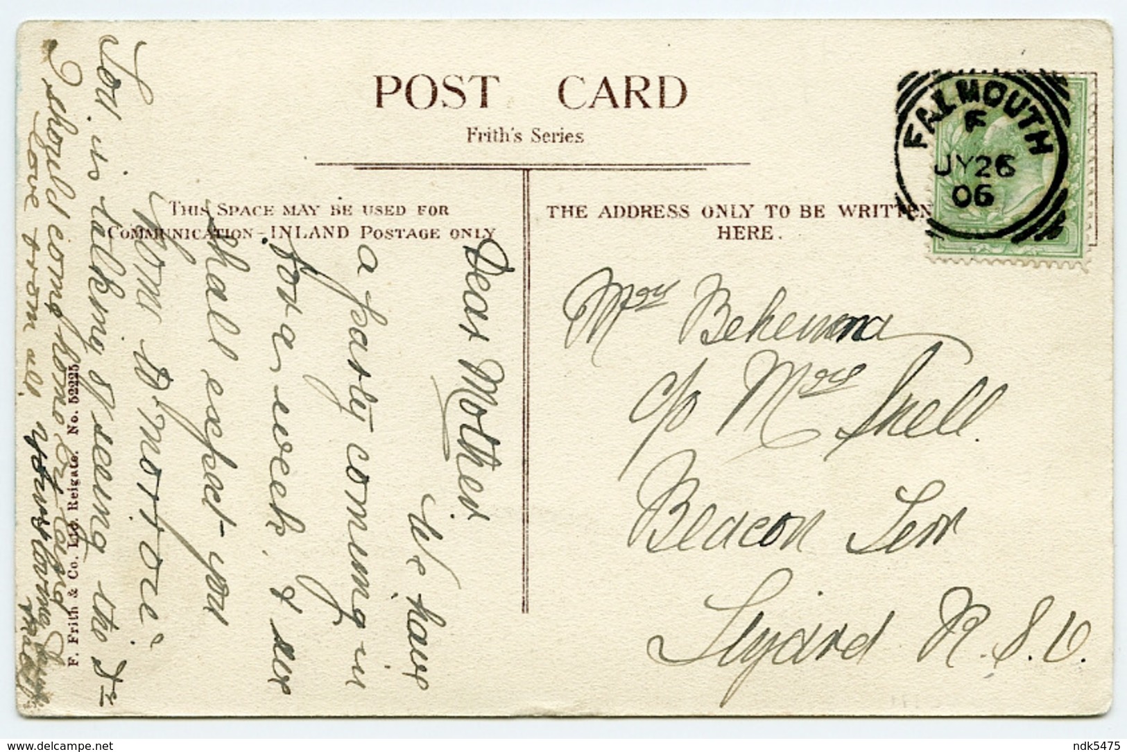 FALMOUTH : GREEN BANK HOTEL / POSTMARK - FALMOUTH (SQUARE CIRCLE) / ADDRESS - LIZARD - Falmouth