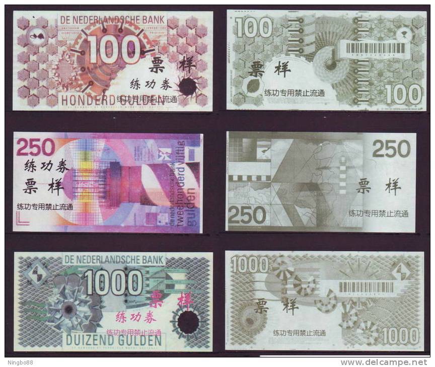 (Replica)China BOC Bank Training/test Banknote,Netherland Holland Gulden B Series 6 Different Notes Specimen Overprint - [6] Fakes & Specimens