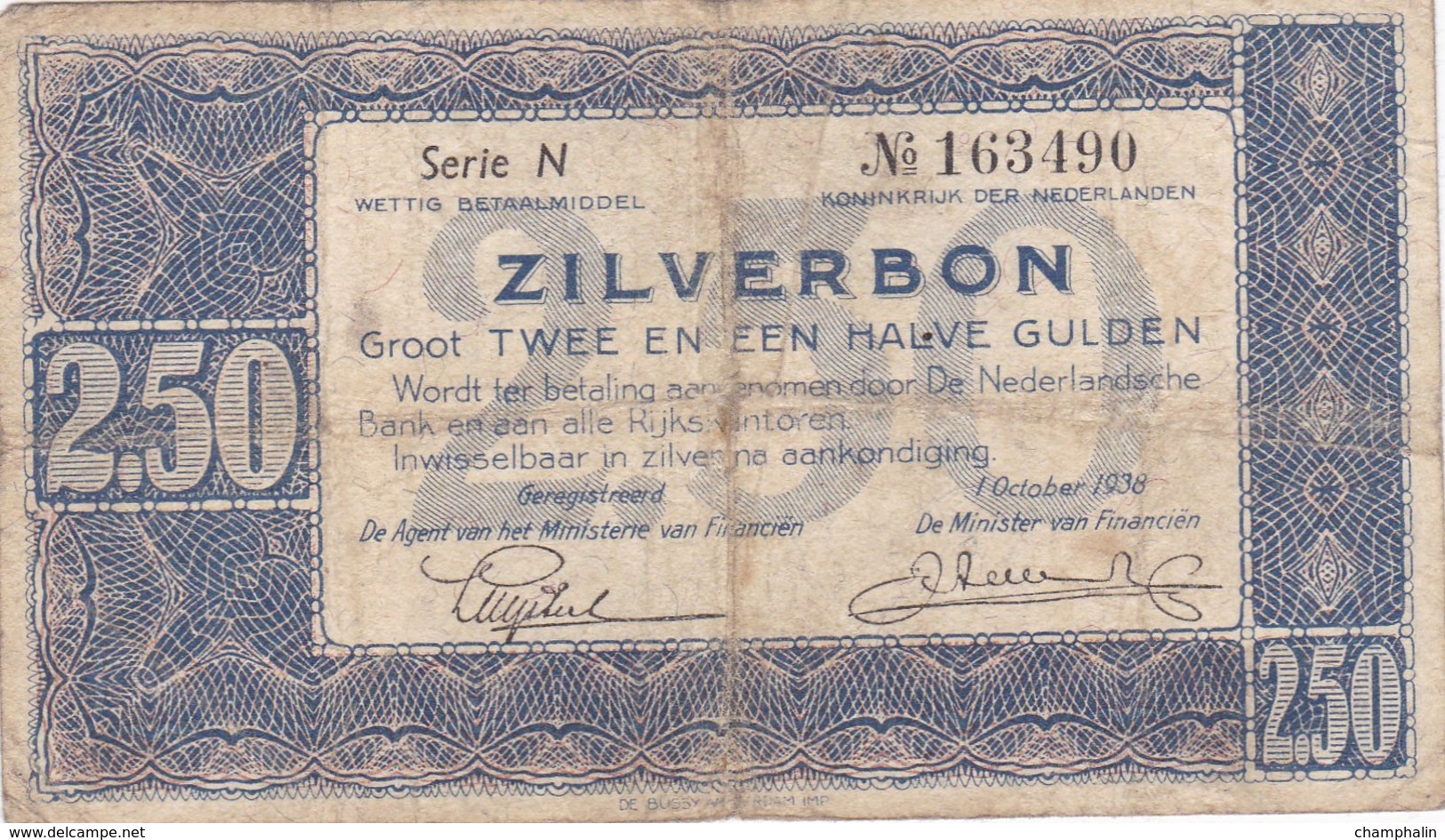 Pays-Bas - Billet De 2.50 Gulden Zilverbon - 1er Octobre 1938 - 2 1/2 Gulden