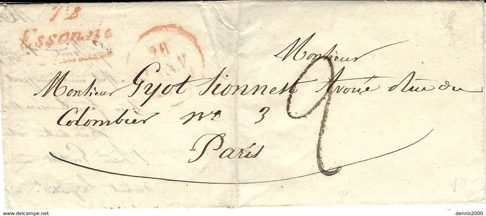 1836- Cursive 72 / Essonne  Rouge   Taxe 2 D  Pour Paris - 1801-1848: Precursors XIX