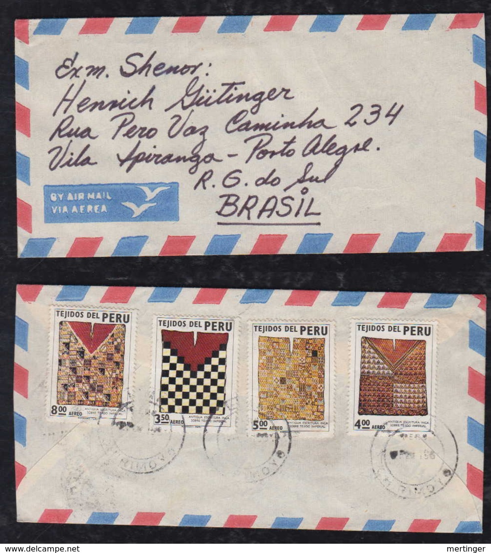 Peru 1980 Airmail Cover To PORTO ALEGRE Brazil Poncho Stamps - Pérou