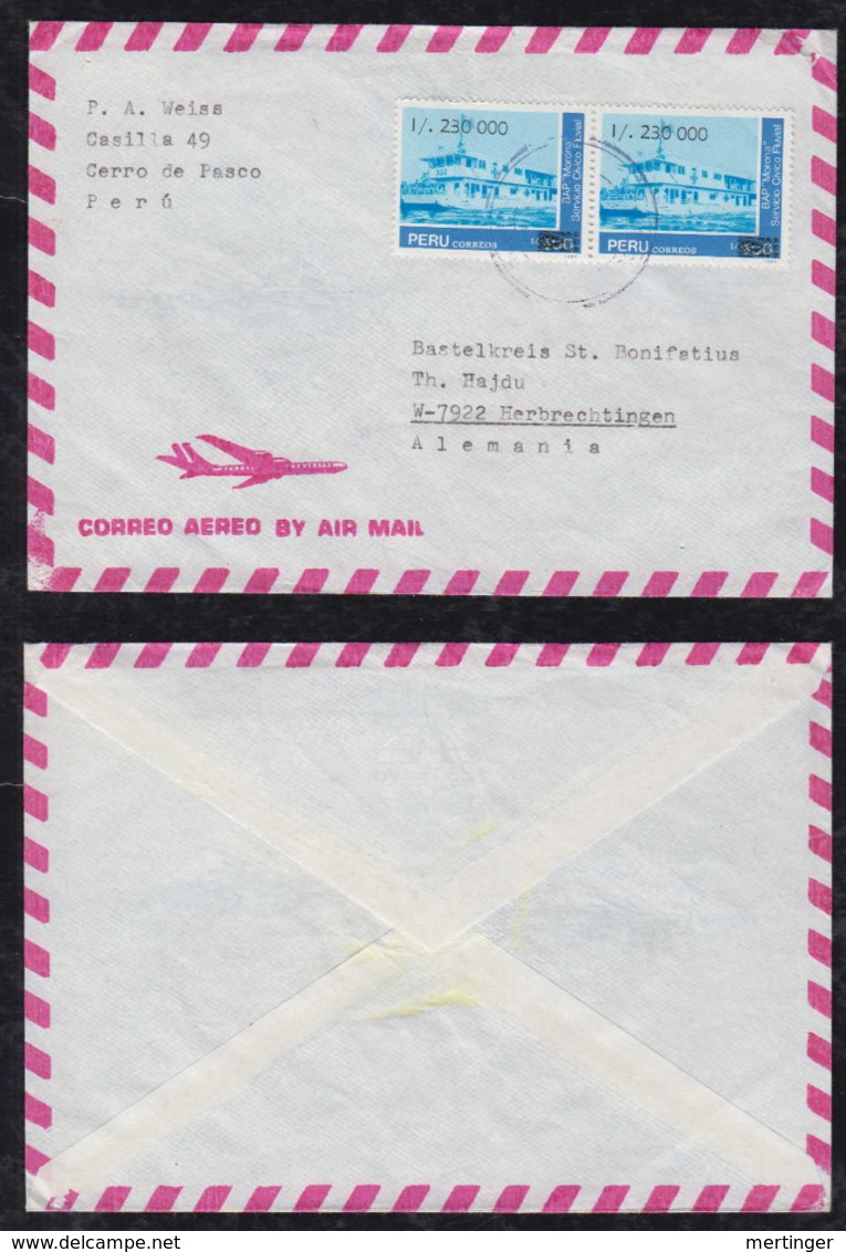Peru 1990 Airmail Cover To HERBRECHTINGEN Germany 2x Red Cross Ship Overprint - Pérou