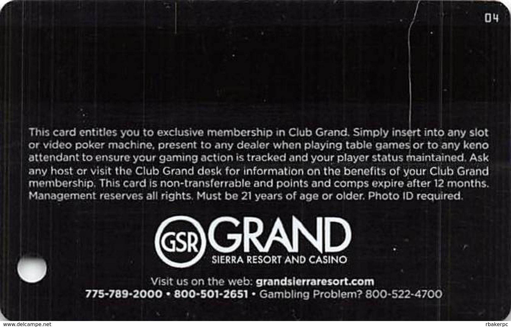 Grand Sierra Casino - Reno, NV - Slot Card With 02 Over Mag Stripe - Casino Cards