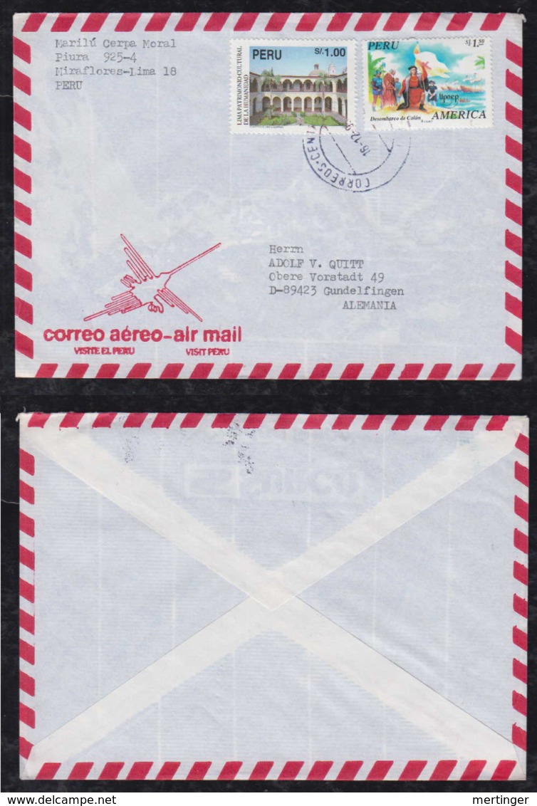 Peru 1995 Airmail Cover To Germany Claustro And Colombus Stamp - Perù