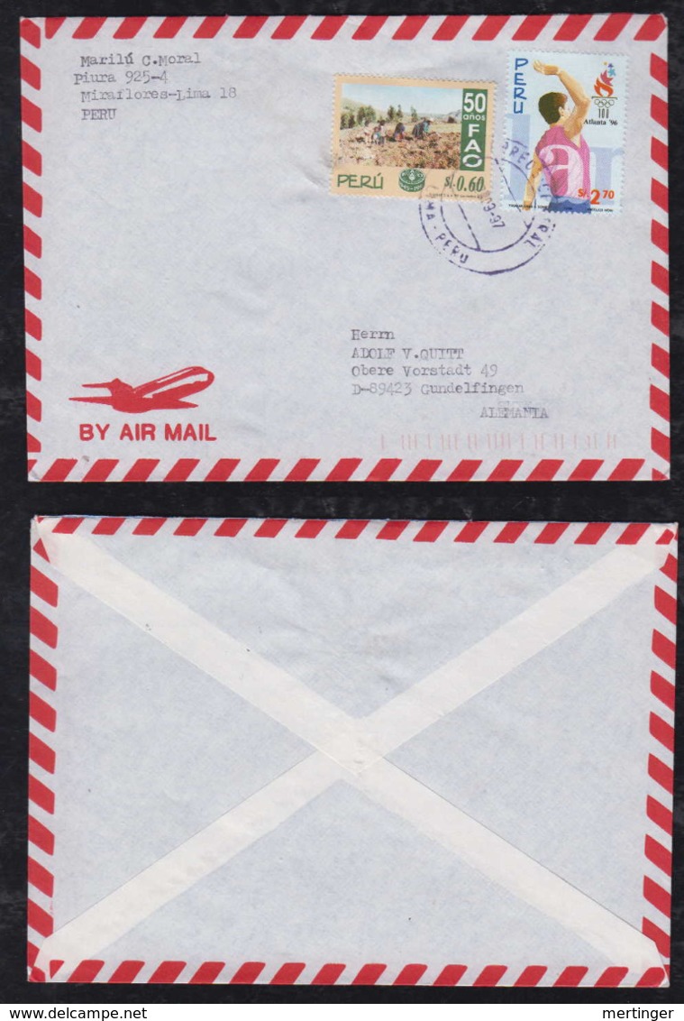 Peru 1997 Airmail Cover To Germany Olympia Atlanta 1996 Stamp - Perù