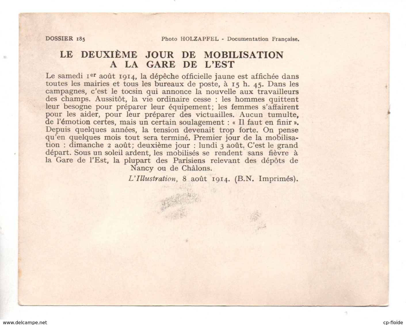 MILITARIA. " LE DEUXIÈME JOUR DE MOBILISATION GARE DE L'EST LE 3 AOÛT 1914 " . FICHE HISTOIRE 1914/1918 - Réf. N°23089 - - Historia