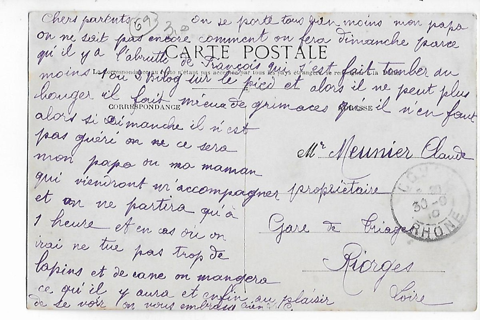 69  -  CPA  De  COURS  -  La  Rivière  Et  Village  Bauland  En  1910 - Cours-la-Ville