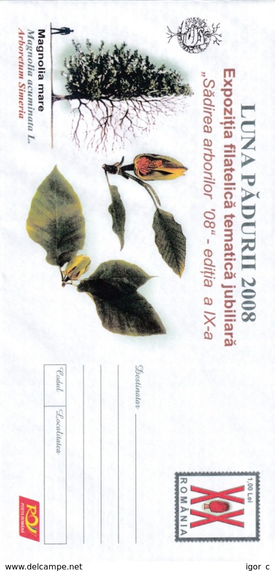 Romania 2009 Postal Stationery Cover: Trees Baum Arbre Albero; Magnolia Mare (MAgnolia Acuminata L,) - Bäume