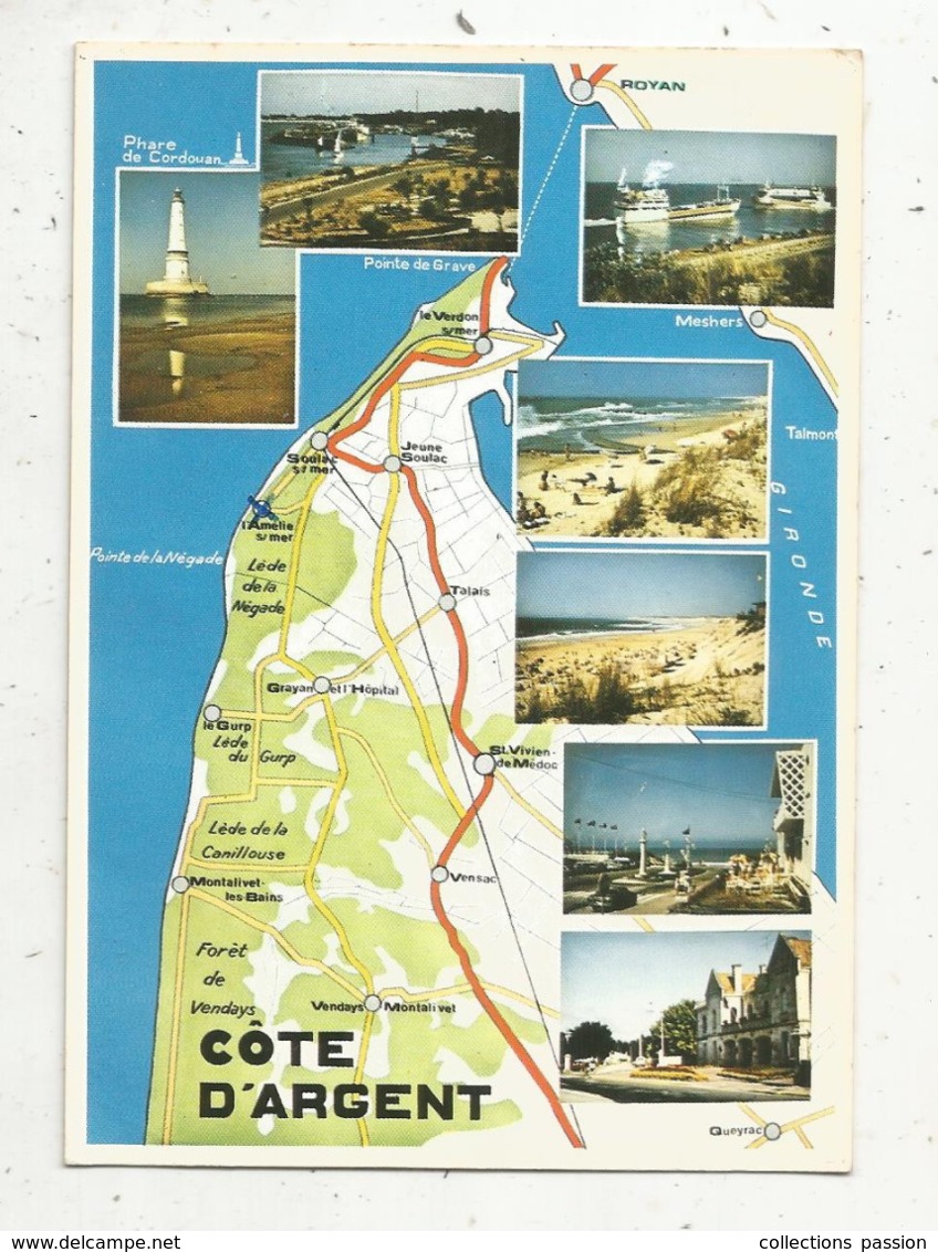 Cp, Carte Géographique , Carte Routière ,LA COTE D'ARGENT, Multi Vues , Voyagée - Landkarten