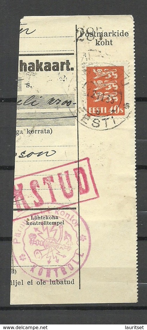 Estland Estonia 1935 Money Card Cut Out O PÄRNU + Pärnu Kontroll Michel 84 + Many Stamps At Back Side - Estonia