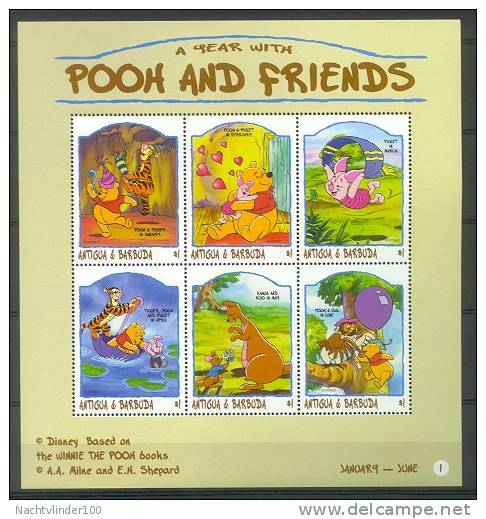 Nfg008b WALT DISNEY WINNIE THE POOH UIL VARKEN TIJGER KANGOEROE BEAR BALLON OWL PIG TIGER ANTIGUA &BARBUDA 1998 PF/MNH - Disney