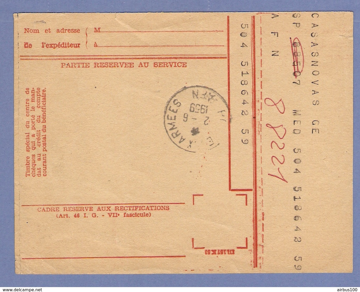 P.T.T. ALGÉRIE POSTE AUX ARMÉES 1959 MANDAT CARTE CHEQUES POSTAUX REDEVANCE RADIODIFFUSION TÉLÉVISION FRANCAISE - Documenten Van De Post