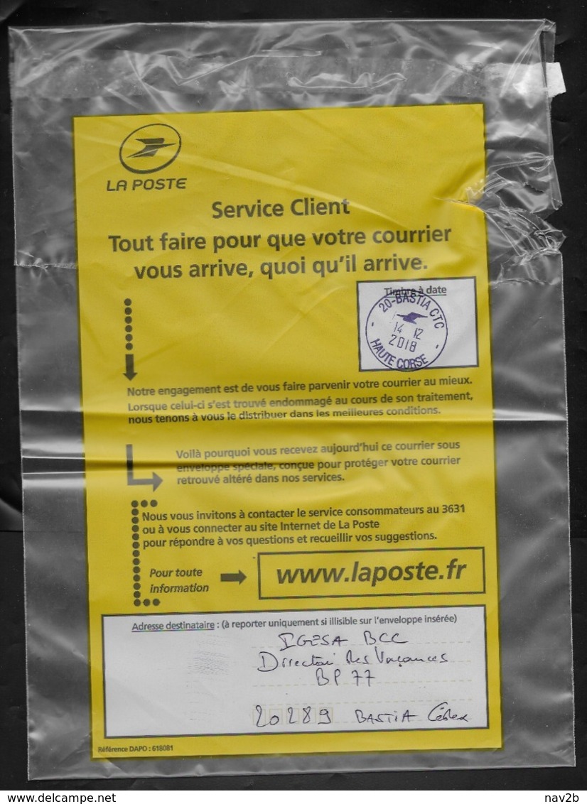 Enveloppe Plastique Pour Courrier Déterioré Avec Lettre D'excuses . 14/12/2018.Bastia . - Lettres & Documents