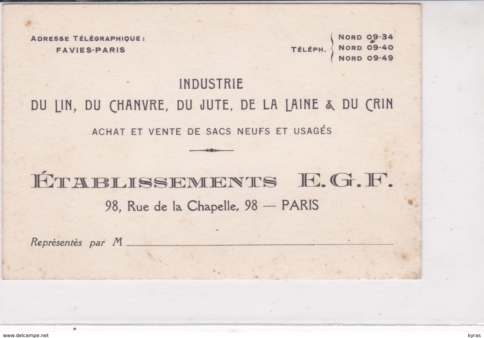 Carte PUB 8x12 Cm Industrie Du LIN, Du CHANVRE, Du JUTE, De La LAINE & Du CRIN. Ets E.G.F. Rue De La Chapelle Paris 18° - Publicités