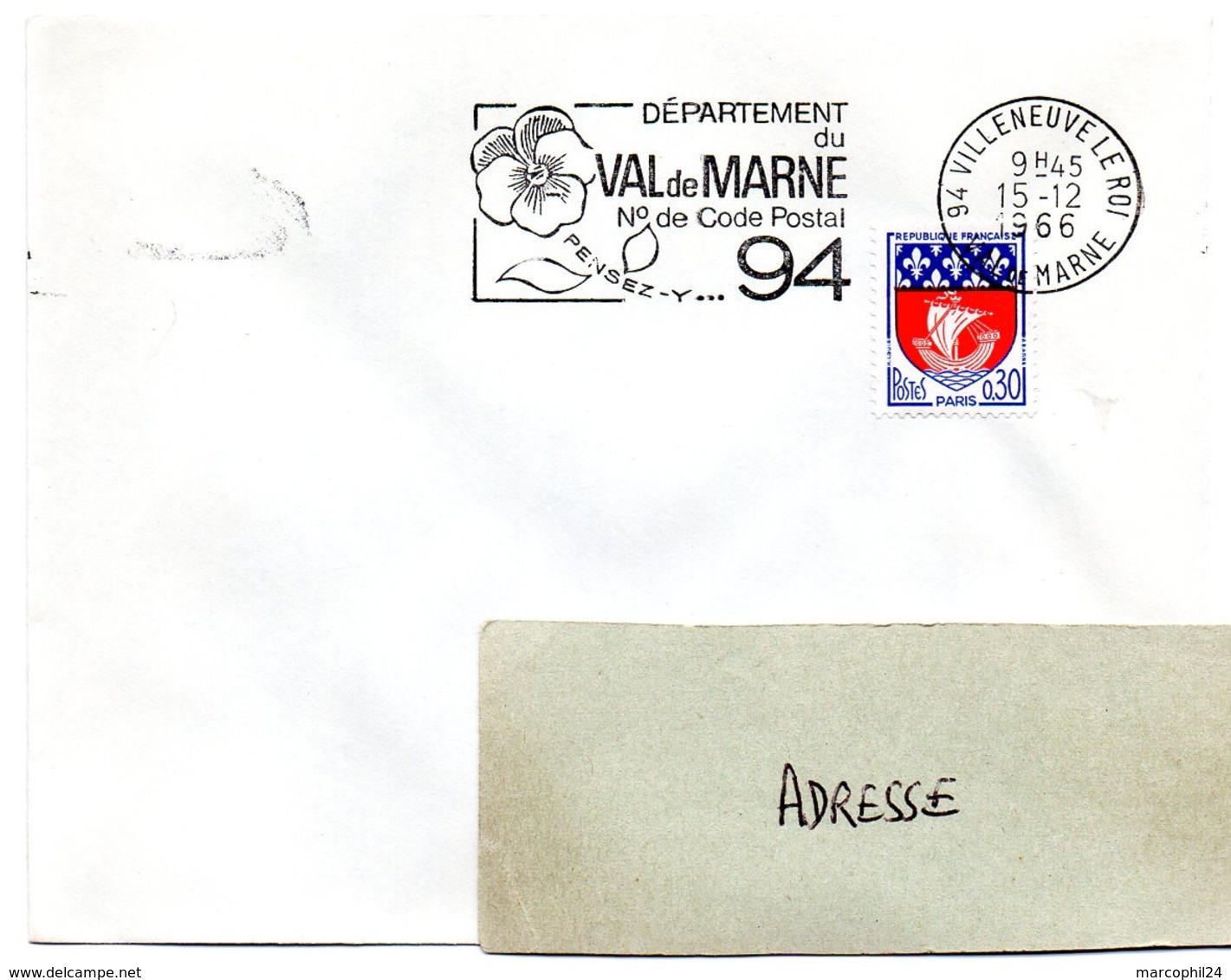 VAL De MARNE - Dépt N° 94 VILLENEUVE Le ROI 1966 = FLAMME Codée = SECAP  ' N° De CODE POSTAL / PENSEZ-Y ' - Postleitzahl