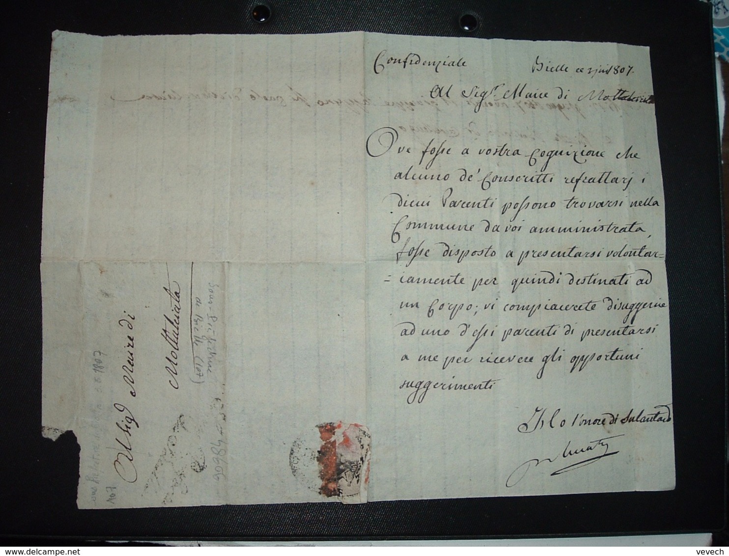 LETTRE (PLI) Datée BIELLE 1807 SOUS PREFECTURE Pour Le MAIRE De MOTTALCIALA - 1801-1848: Precursors XIX