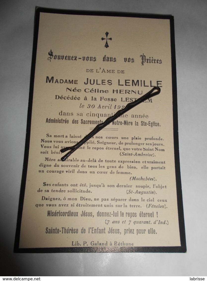 Images Pieuse Madame Jules Lemille Née Céline Hernu Décédé à La Fosse Lestrem 1927 - Images Religieuses