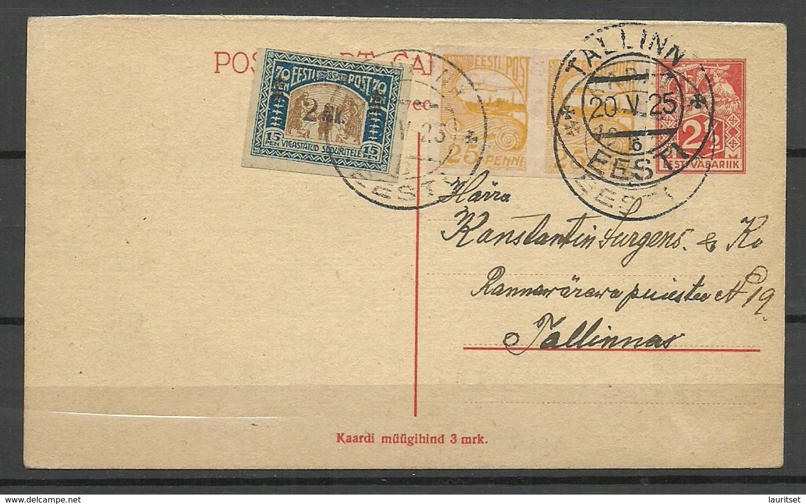 Estland Estonia 1925 Postal Stationery Ganzsache Frageteil Mit Zusatzfrankierung Michel 26 + 53 - Estland