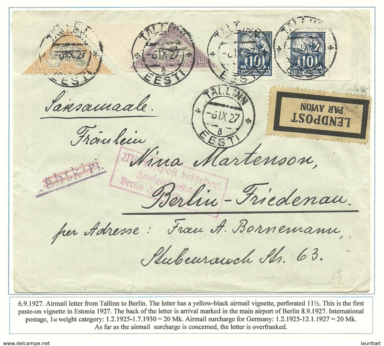 Estland Estonia 1927 Flugpost Brief Nach Berlin Michel 42 A & 52 A Etc + Messevignette At Backside - Estland