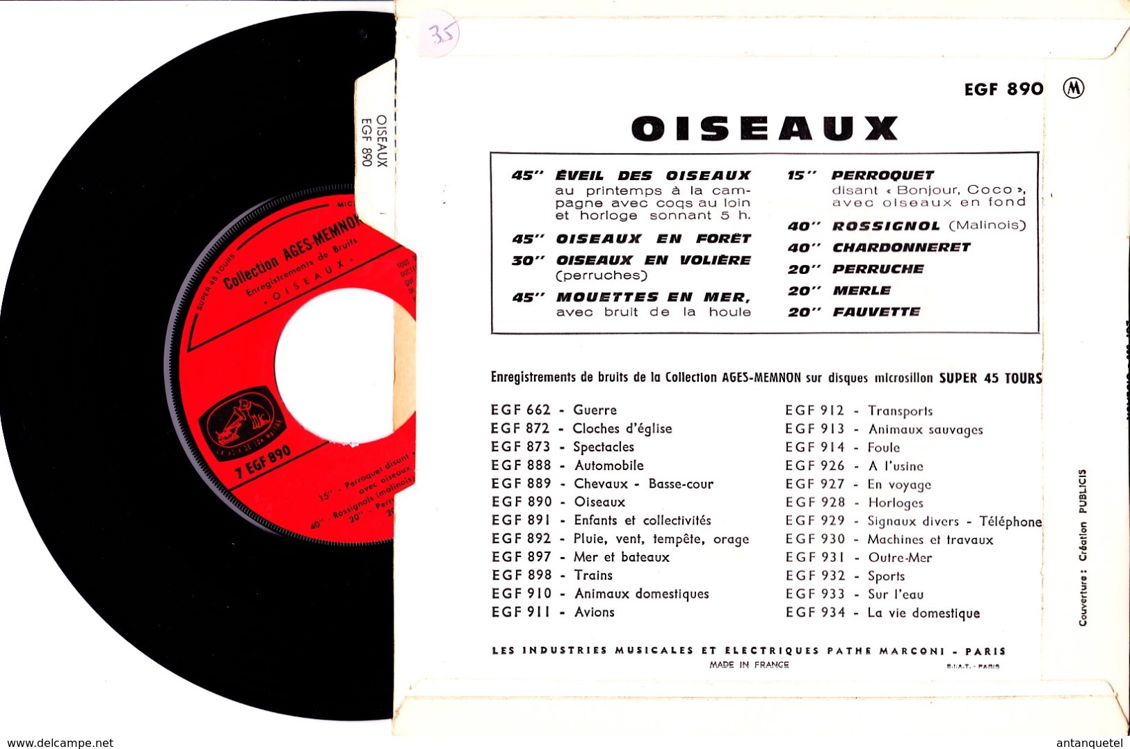 Disque Vinyle 45 Tours—Bruitage Cinéma—Volume 7—Les Oiseaux—EGF 890 M—1966 - 45 Rpm - Maxi-Single
