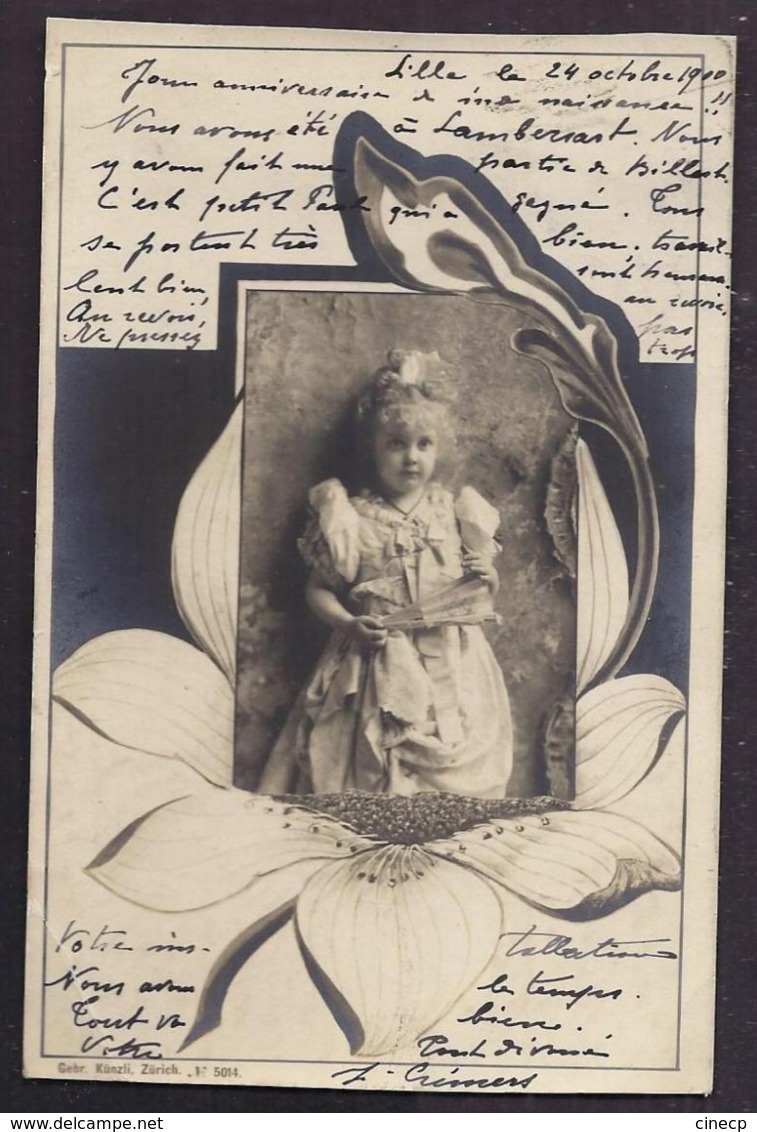 CPA Enfant Jolie Fillette Très élégante à L'éventail - Frise Art Nouveau 1900 - Pretty Girl Photo - Portraits