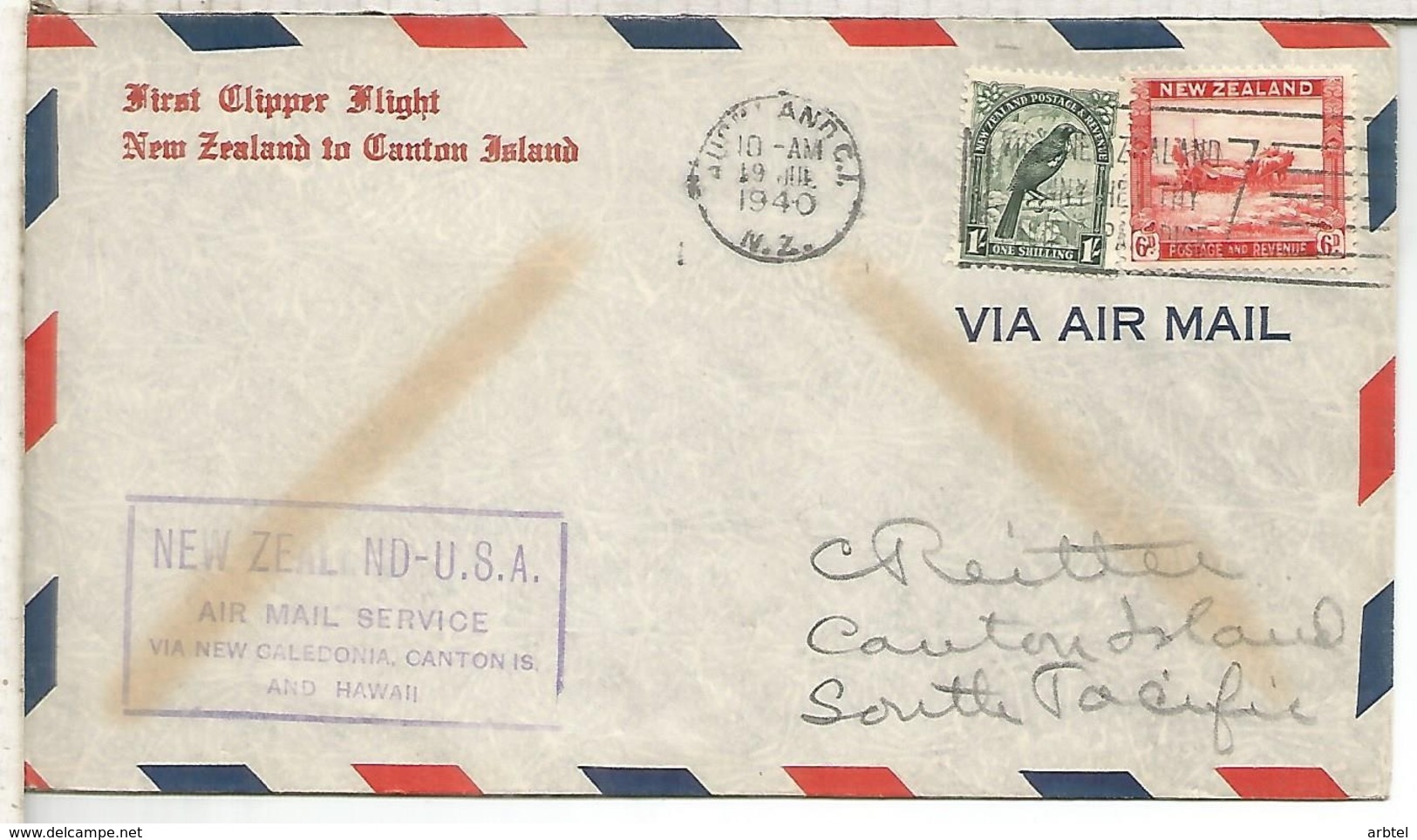 NUEVA ZELANDA CC PRIMER VUELO NEW ZEALAND USA 1940 VIA NEW CALEDONIA CANTON IS HAWAI - Luftpost