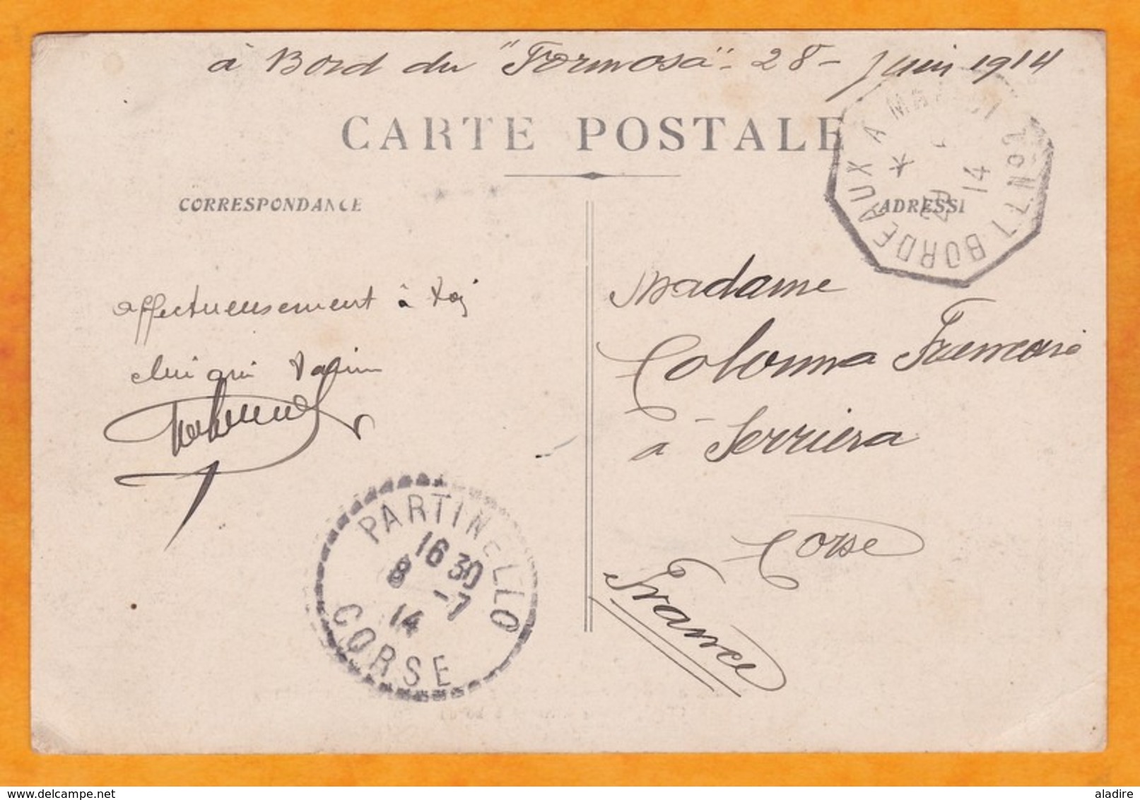 1914  -  CP écrite à Bord Du Formosa Pq Fr N°2 Ligne L Postée à Ténériffe Et Expédiée à Serriera, Corse, France - Poste Maritime