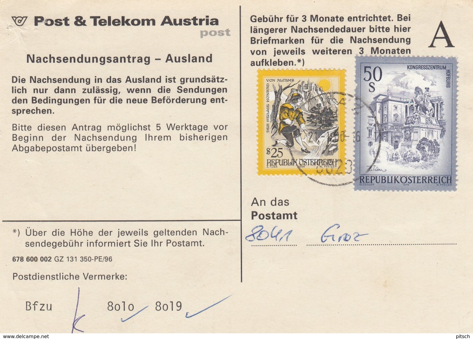 Österreich - 1999 Nachsendeantrag Nach Deutschland - Hofburg Und Der Heilige Konrad - Storia Postale