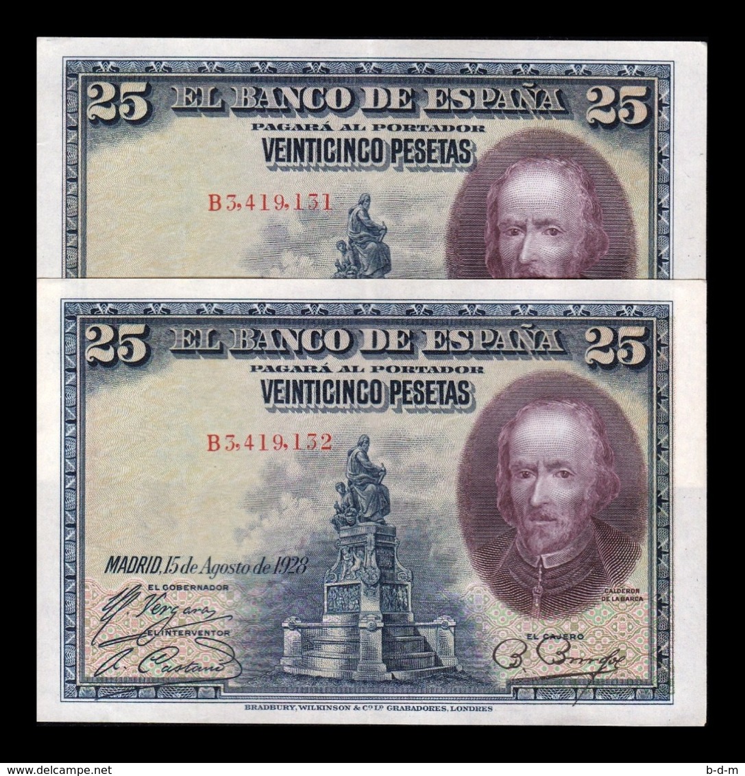 España Spain Pareja 25 Pesetas C. De La Barca 1928 Pick 74b Serie B EBC XF - 1-2-5-25 Peseten