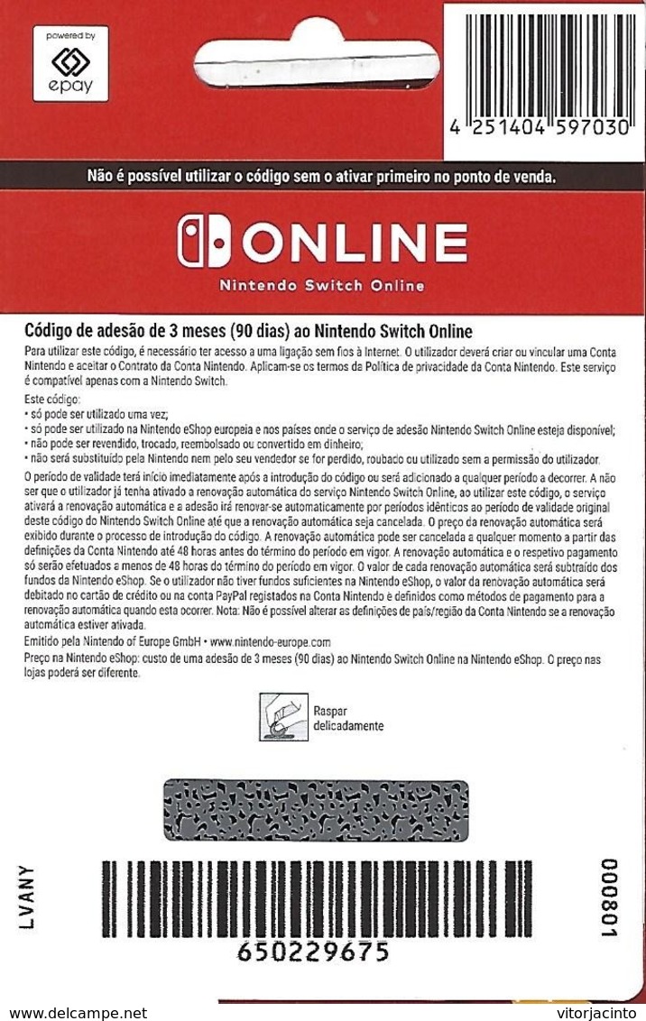 PORTUGAL - Nintendo Switch Online Card - Carte Da Gioco