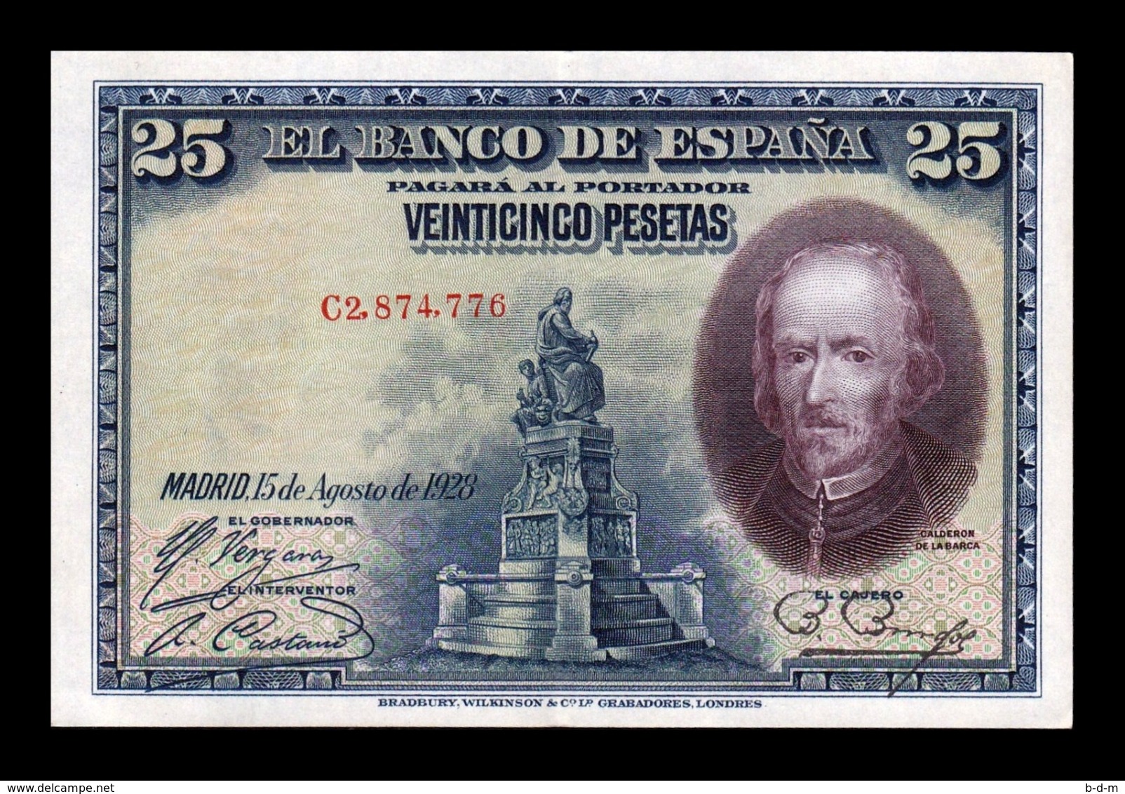 España Spain 25 Pesetas C. De La Barca 1928 Pick 74b Serie C EBC XF - 1-2-5-25 Peseten