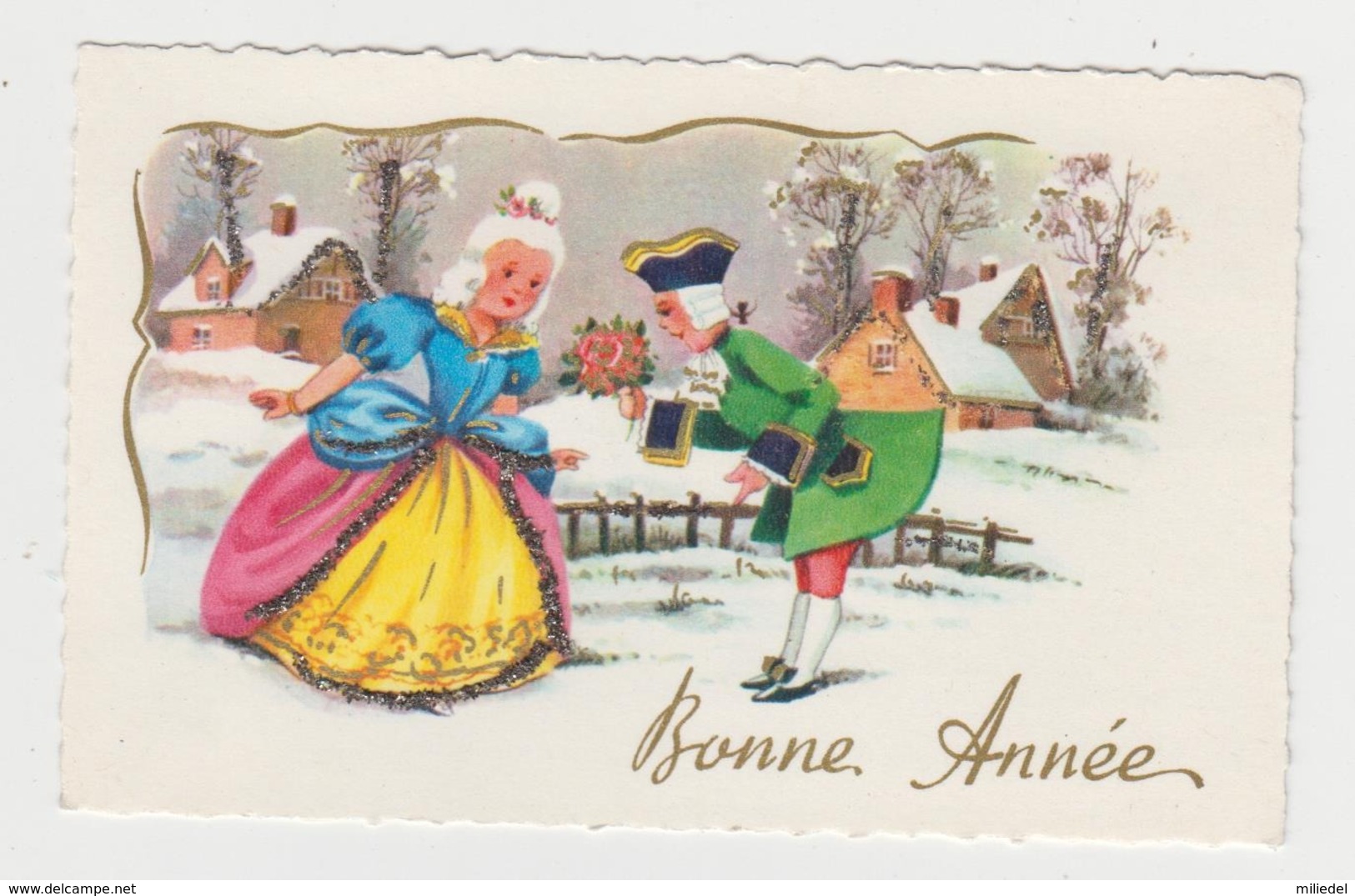 AB522 - MIGNONETTE - Bonne Année- Couple - Princesse - Paysage D'hiver Avec Paillettes - Nouvel An