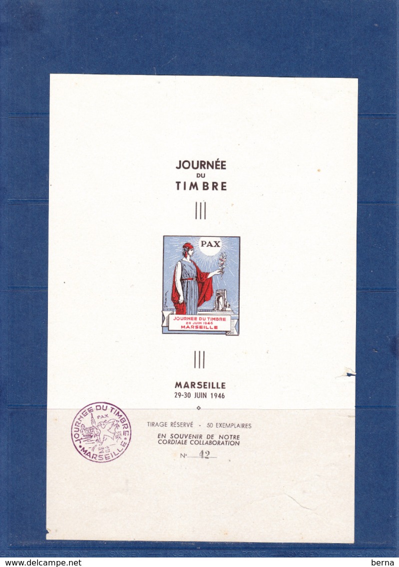 FRANCE BLOC JOURNEE DU TIMBRE 1946 MARSEILLE  NEUF SANS GOMME- DECHIRURES ET PLIS  - N°42 SUR 50 EXEMPLAIRES EMIS - Briefmarkenmessen