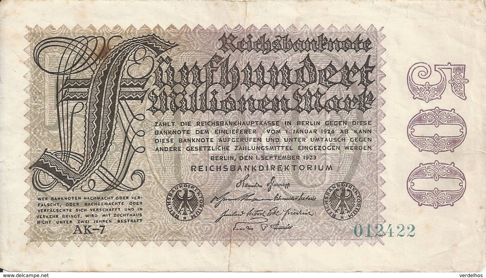 ALLEMAGNE 500 MILLIONEN MARK 1923 VF P 110 - 500 Miljoen Mark