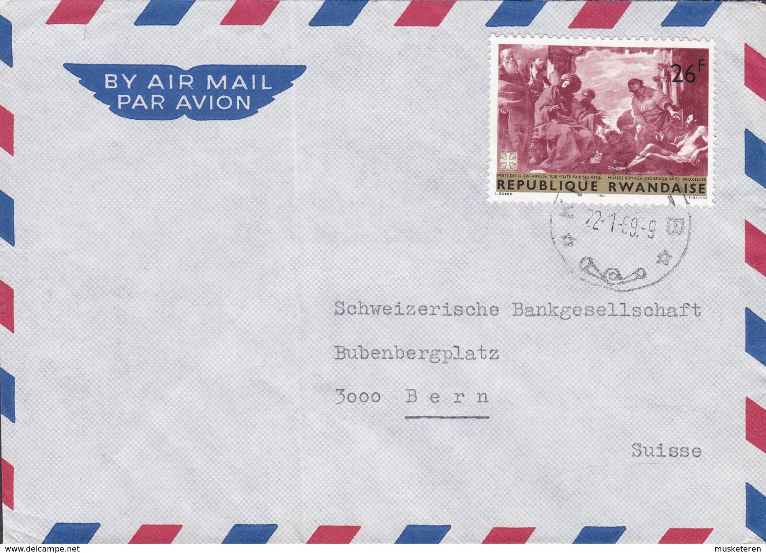 Rwanda Air Mail KIGALI 1969 Cover Brief Schweizerische Bankgesellschaft BERN Suisse Gemälde Painting Cavaliere Calabrese - Other & Unclassified