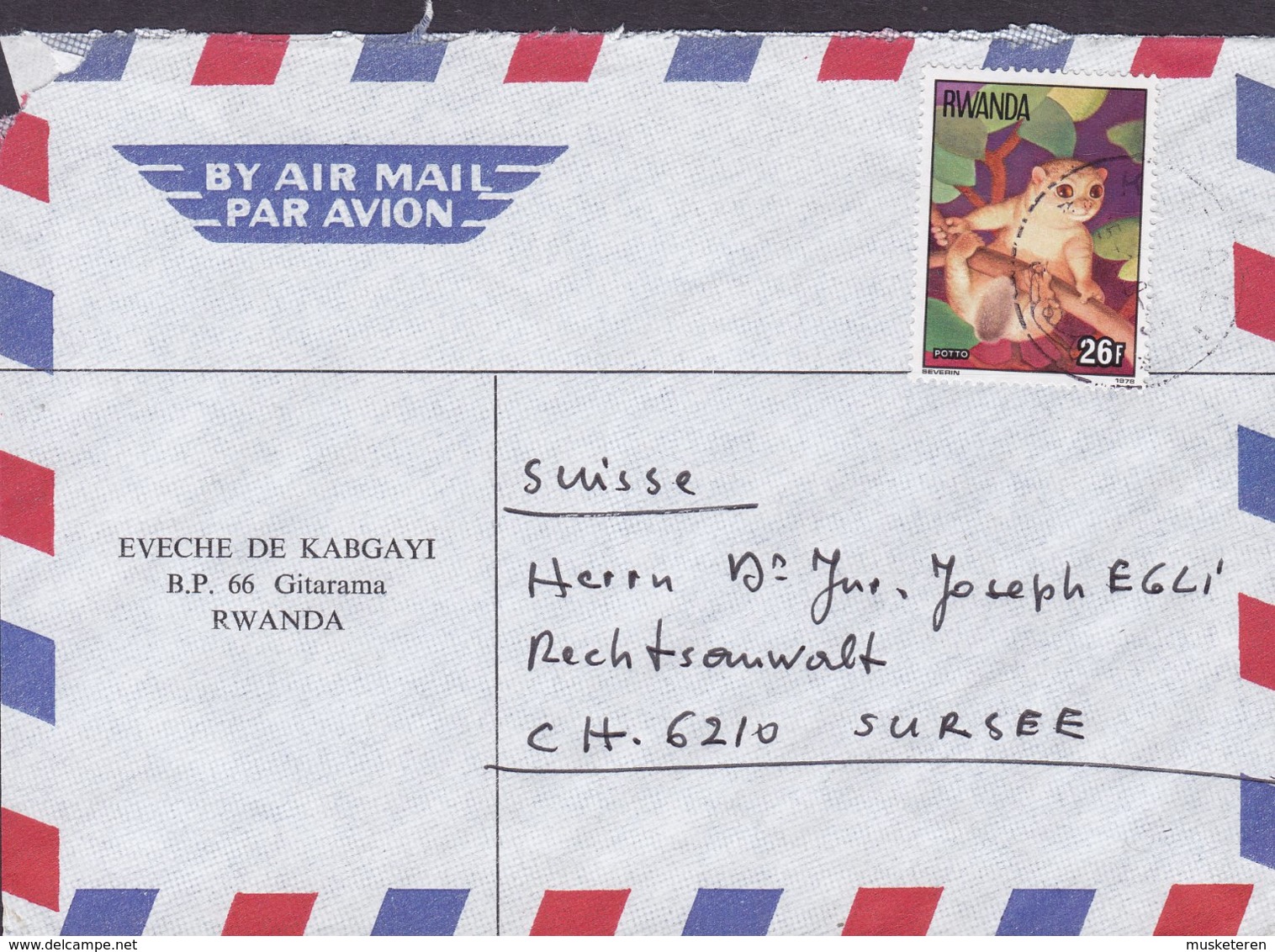 Rwanda Air Mail  EVECHE DE KABGAYI, KIGALI 1978? Cover Brief SURSEE Suisse 26 Fr. Affe Monkey Potto - Autres & Non Classés